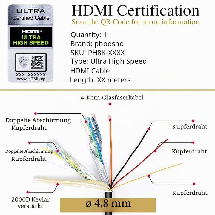 phoossno Gen 2 zertifiziertes 8K Glasfaser HDMI 2.1 Kabel Ultra High Speed HDMI Kabel 48Gbps 33ft 10