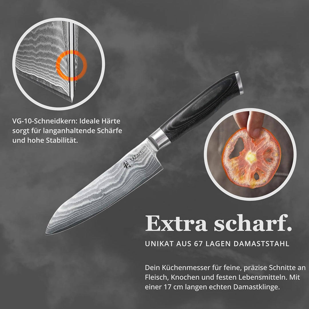 Wakoli Mikata Damastmesser Santoku16 cm Klinge extrem scharf aus 67 Lagen I Damast Küchenmesser und