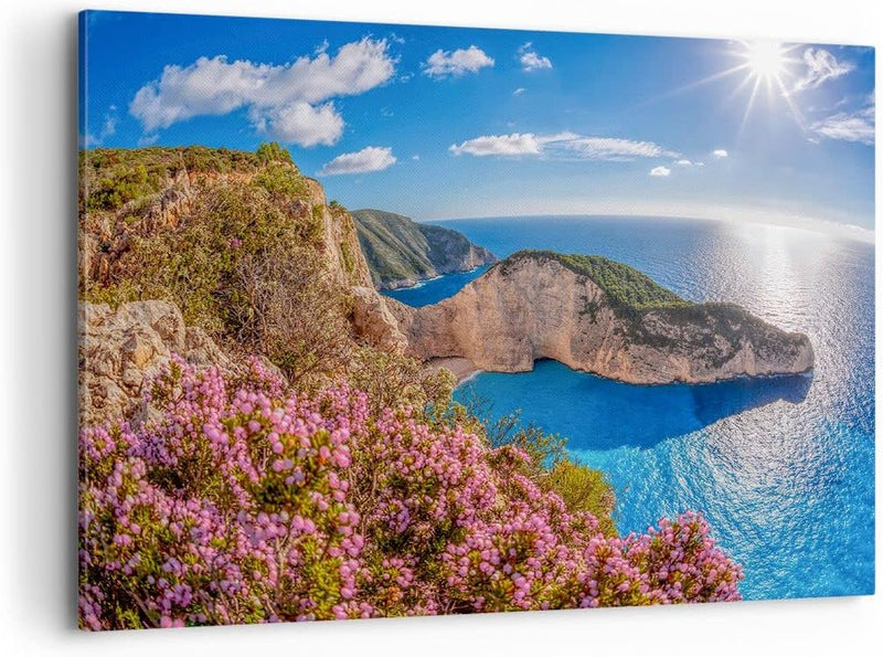 Bilder auf Leinwand 100x70cm Leinwandbild mit Rahmen Meer Sommer Blume Gross Wanddeko Bild Schlafzim