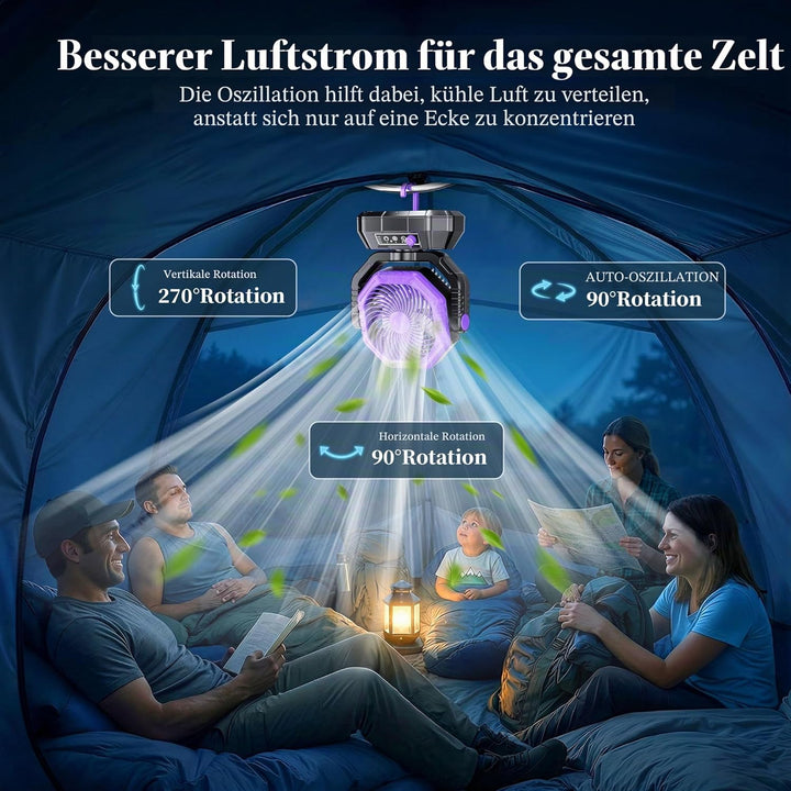 VTHW Camping Ventilator, 20000mAh Wiederaufladbarer Ventilator mit LED Licht & Haken, 270° Drehung,
