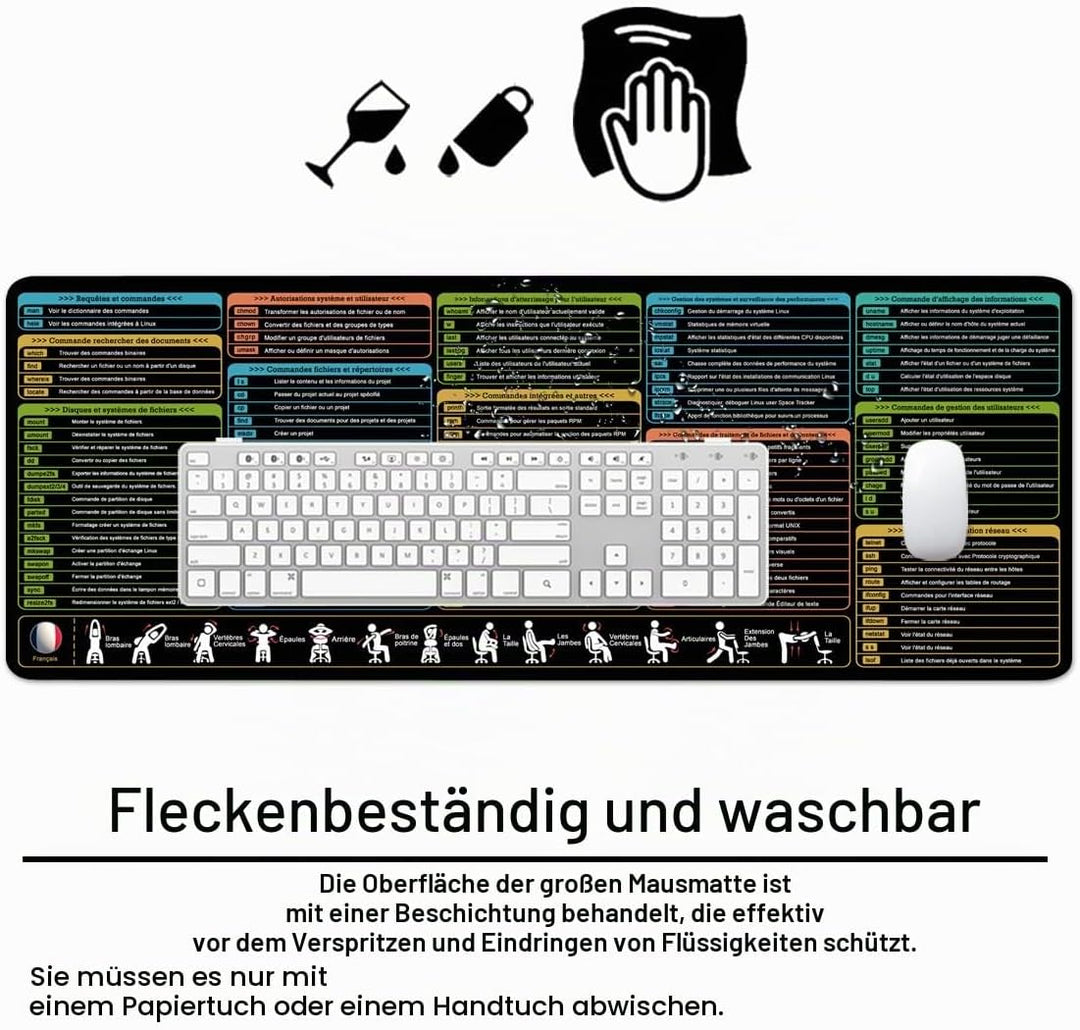 Linux Shortcuts Mauspad Französisch Schreibtischunterlage 80x30x0.3cm Gross Gaming Mousepad XL & Des