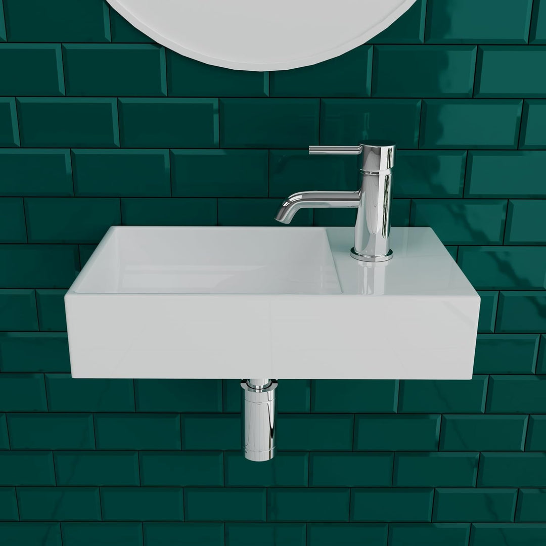 Alpenberger Mini Waschbecken Eckig | Badwaschbecken aus Sanitärkeramik mit Links Becken | Gästeklo W