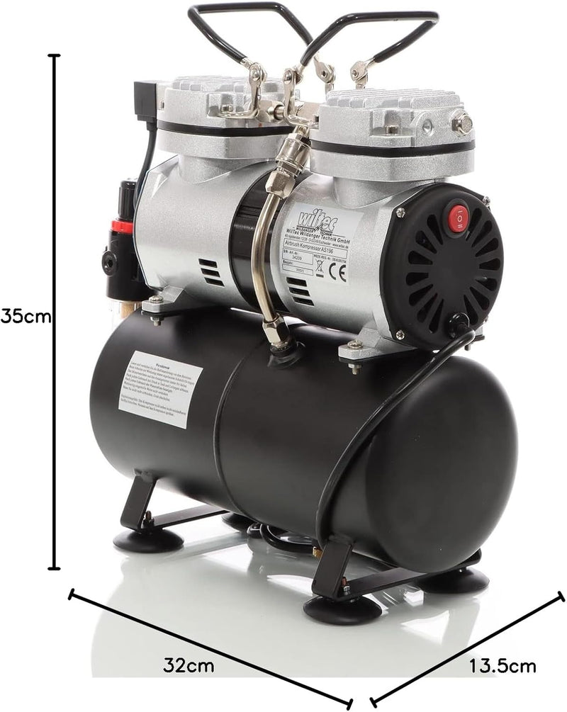 Airbrush Kompressor AS196 mit Lufttank 2 Zylinder Kolben 6 bar Abschaltautomatik