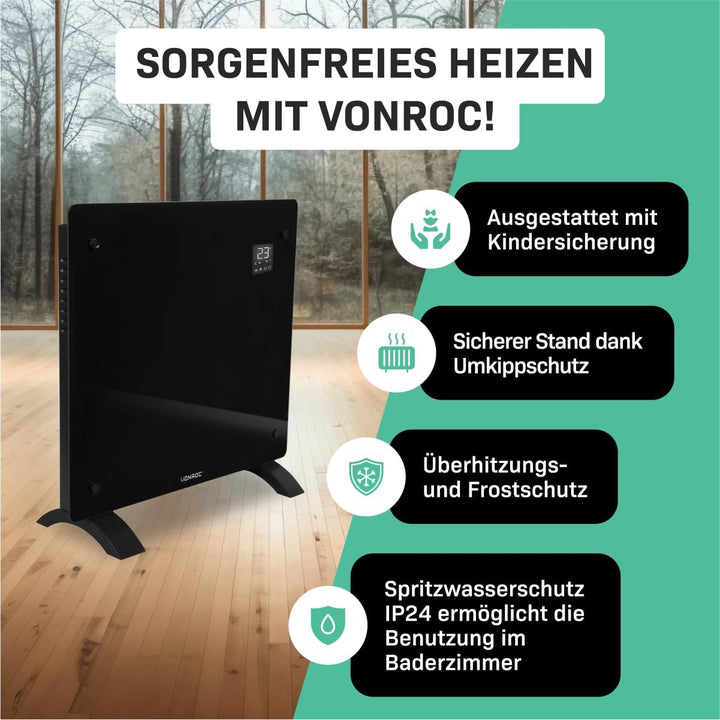 VONROC Elektroheizung, Konvektor-Heizung - Energiesparende elektrische Heizung bis 12m2 - Wand-/Bode