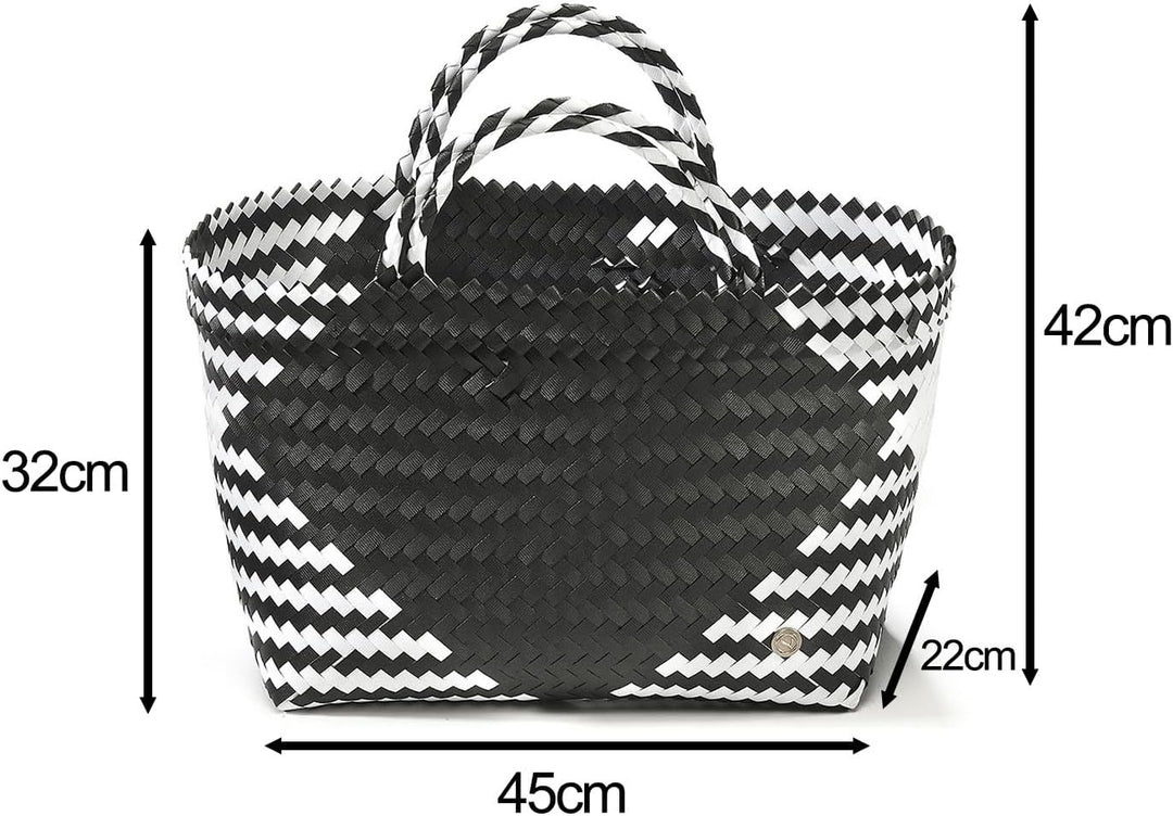 Kobolo Tasche Einkaufskorb geflochten Kunststoff Shopper - ROM XXL - schwarz weiss