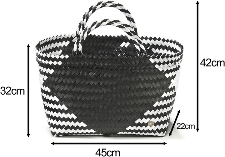Kobolo Tasche Einkaufskorb geflochten Kunststoff Shopper - ROM XXL - schwarz weiss