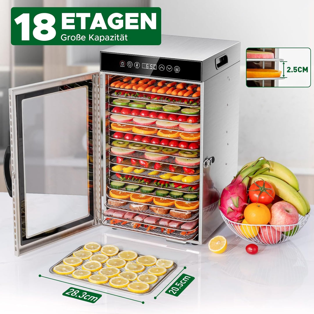 Kwasyo Gewerblicher Dörrautomat 18 Etagen, 800W Edelstahl Lebensmittel Dehydrator mit 360° Luftzirku