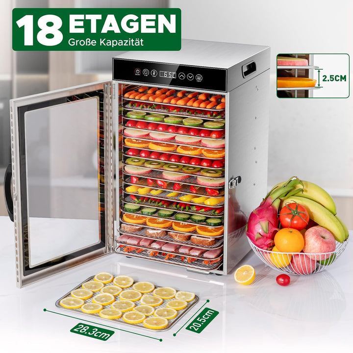 Kwasyo Gewerblicher Dörrautomat 18 Etagen, 800W Edelstahl Lebensmittel Dehydrator mit 360° Luftzirku