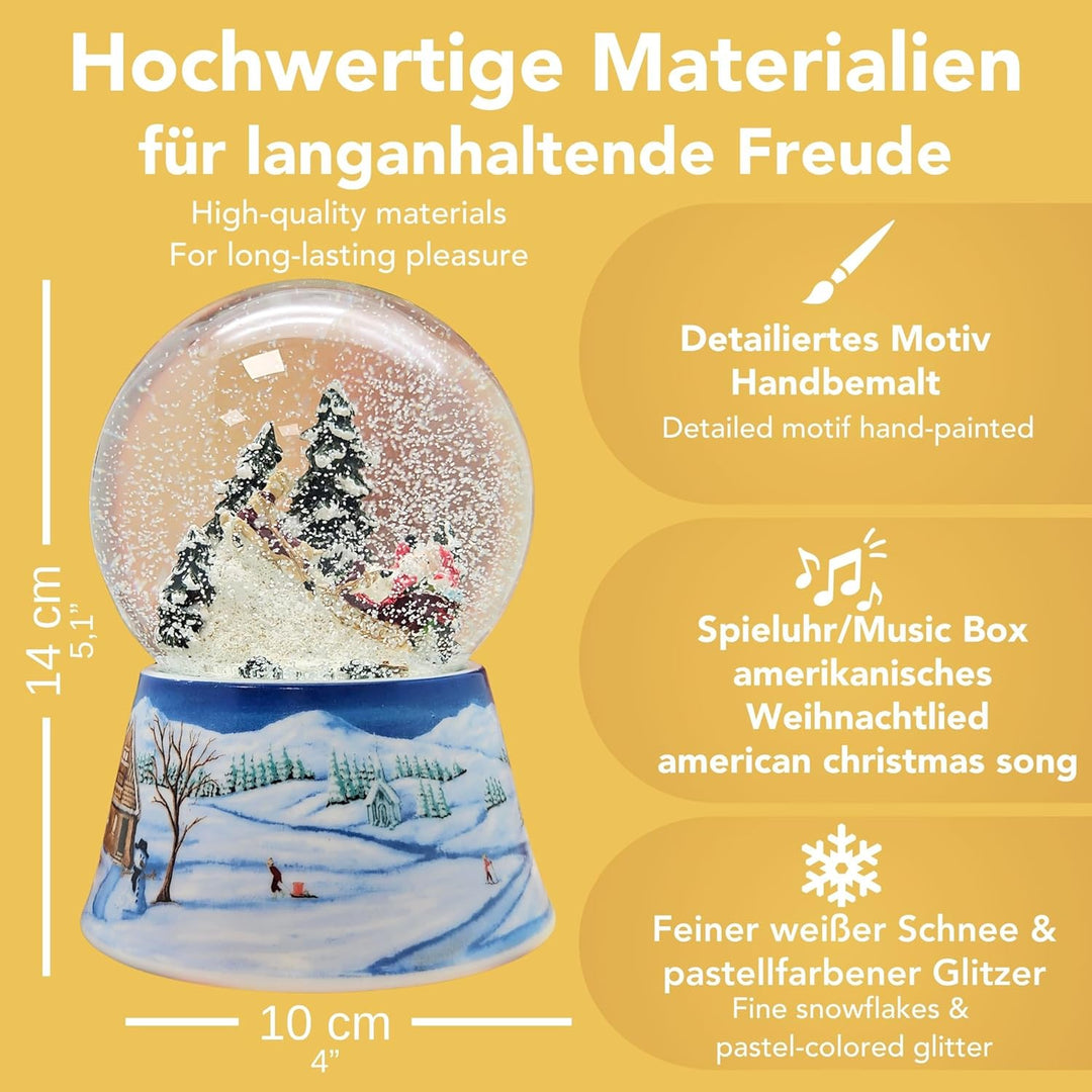 Schneekugel Weihnachtsmann im Schlitten auf Sockel nostalgische Schneelandschaft Mittelblau Weihnach