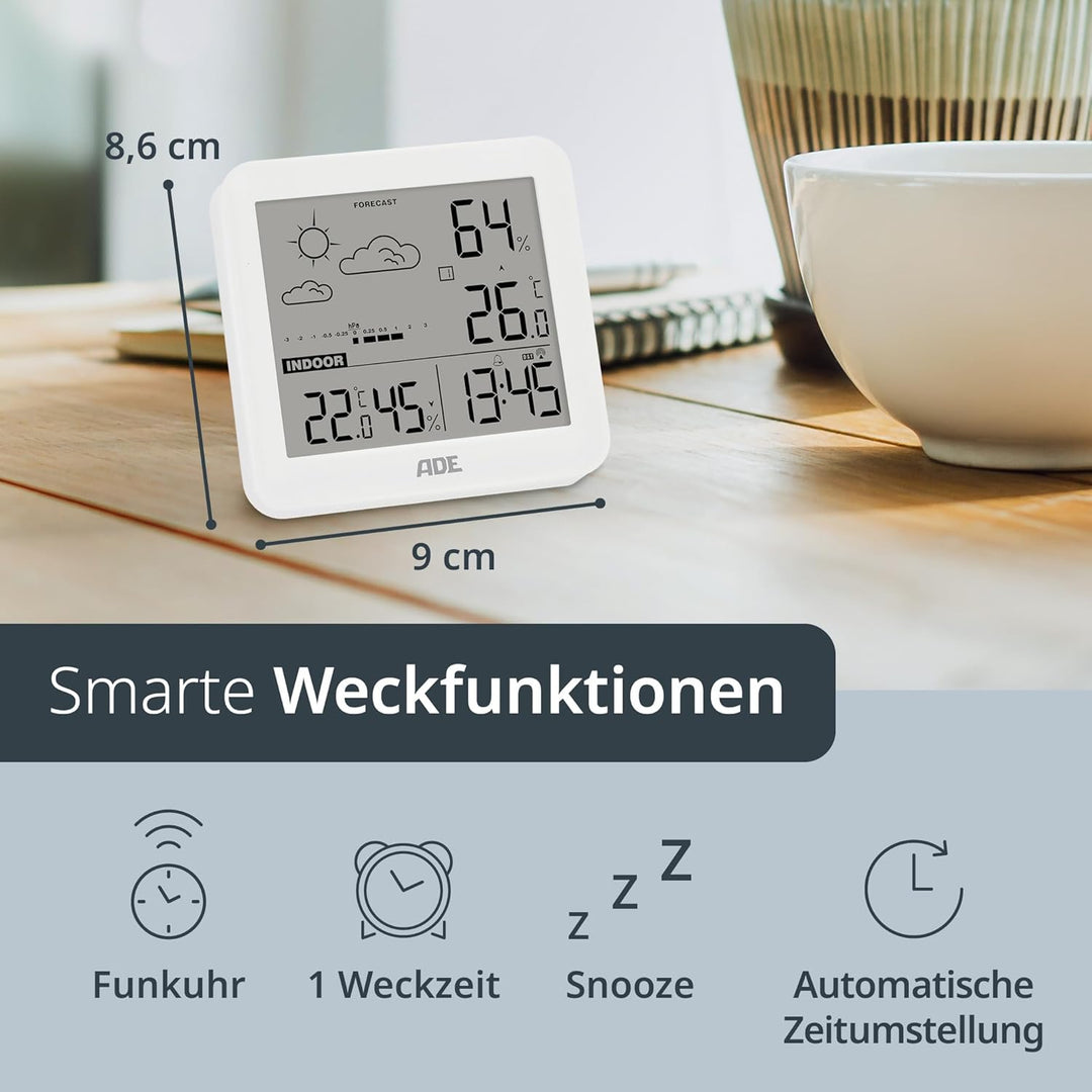 ADE Kleine digitale Wetterstation funk mit Aussensensor und Wettervorhersage | Innen- und Aussentemp
