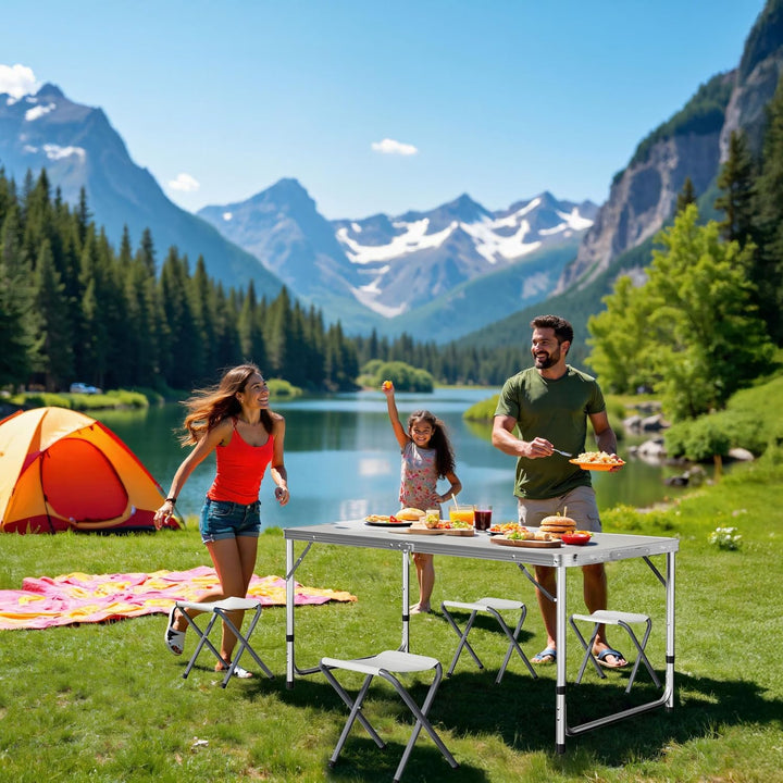 Wiltec Campingmöbel Set 5tlg. Campingtisch mit Stühlen höhenverstellbarer Tisch Plus 4 Campingstühle