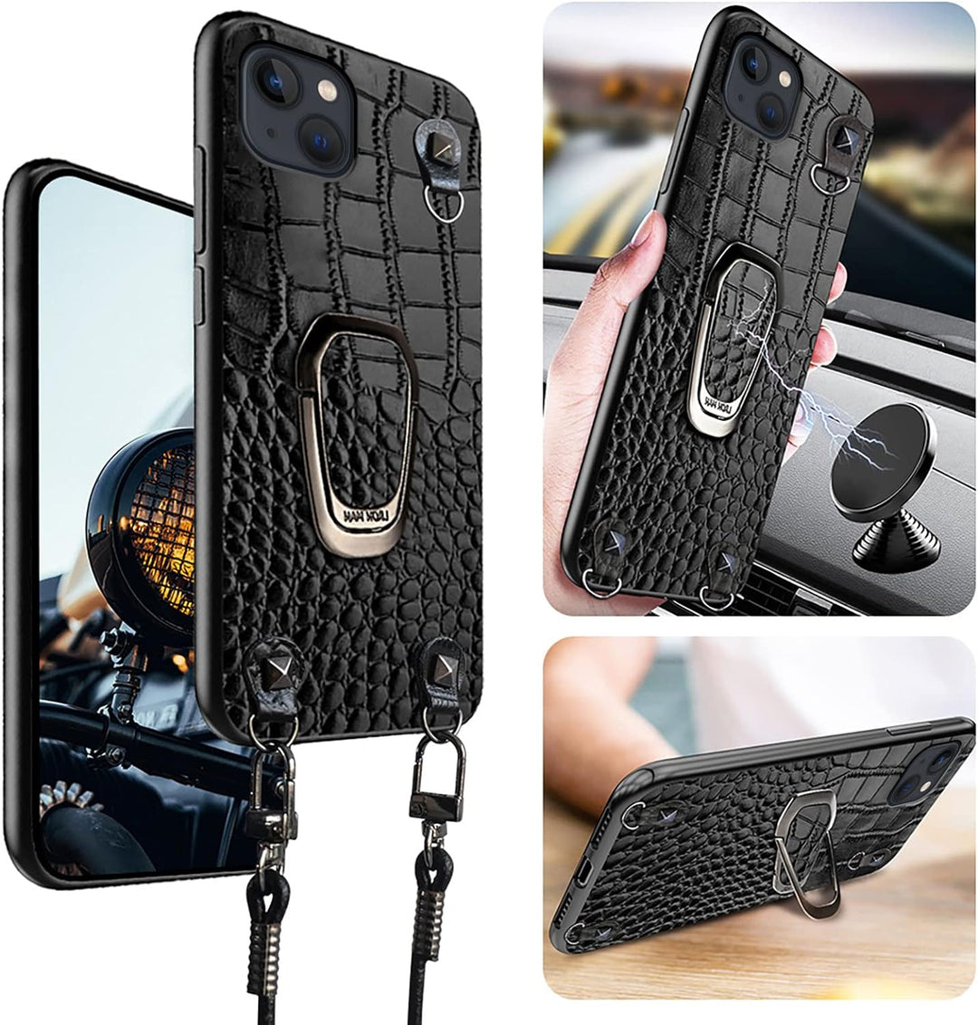 qichenlu Magnethalter Handyhülle mit Band für iPhone 14,Niete Echtleder Backcover Abnehmbare Handyke