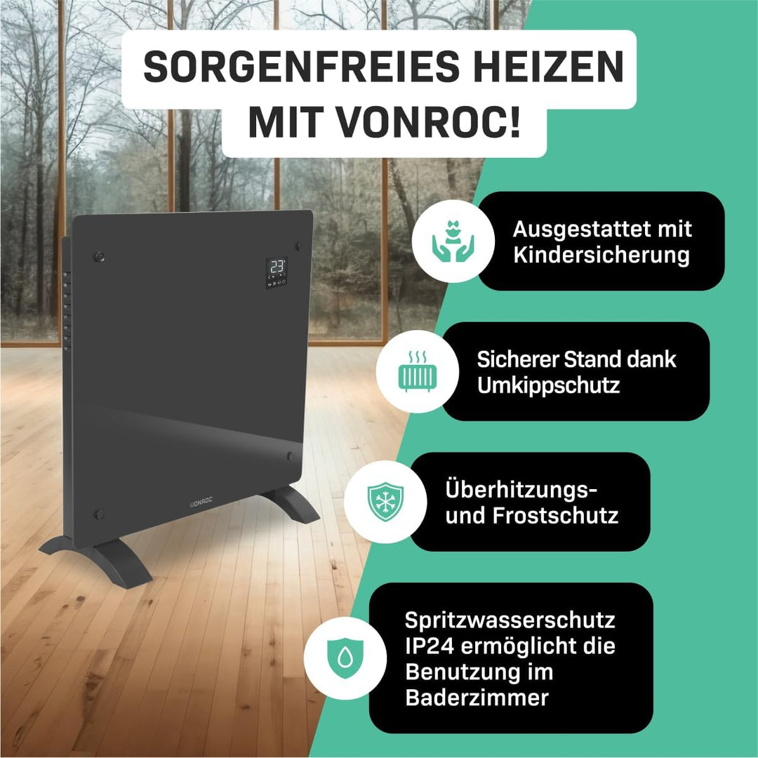 VONROC Elektroheizung, Konvektor-Heizung - Energiesparende elektrische Heizung bis 12m2 - Wand-/Bode