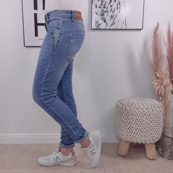 Karostar Damen Boyfriend Stretch Jeans mit offener Knopfleiste M Denim Special Pocket, M Denim Speci