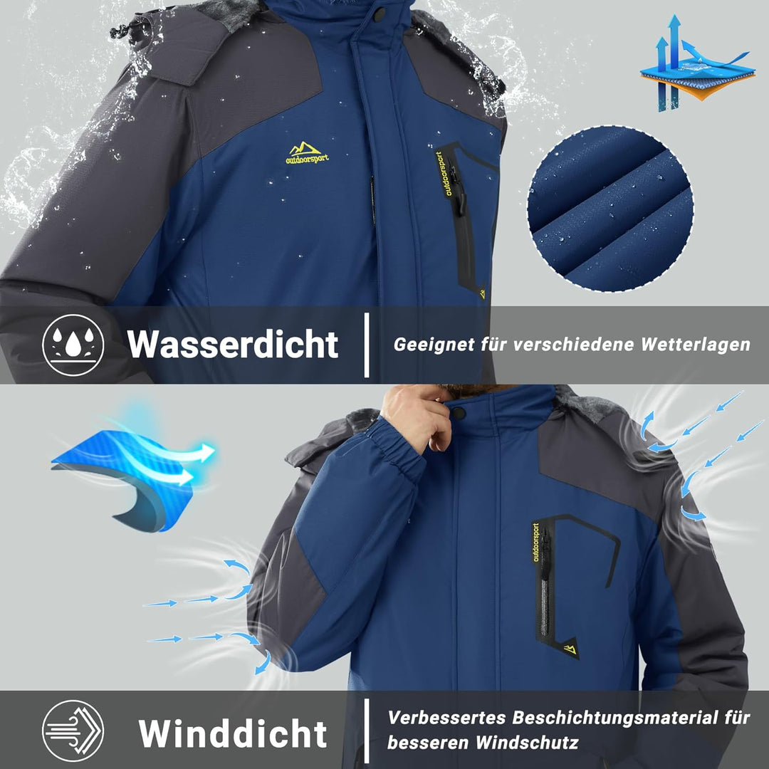KEFITEVD Herren Skijacke Atmungsaktiv Warm Gefüttert Winterjacke mit Abnehmbarer Kapuze Snowboardjac