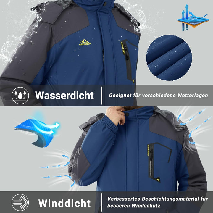 KEFITEVD Herren Skijacke Atmungsaktiv Warm Gefüttert Winterjacke mit Abnehmbarer Kapuze Snowboardjac