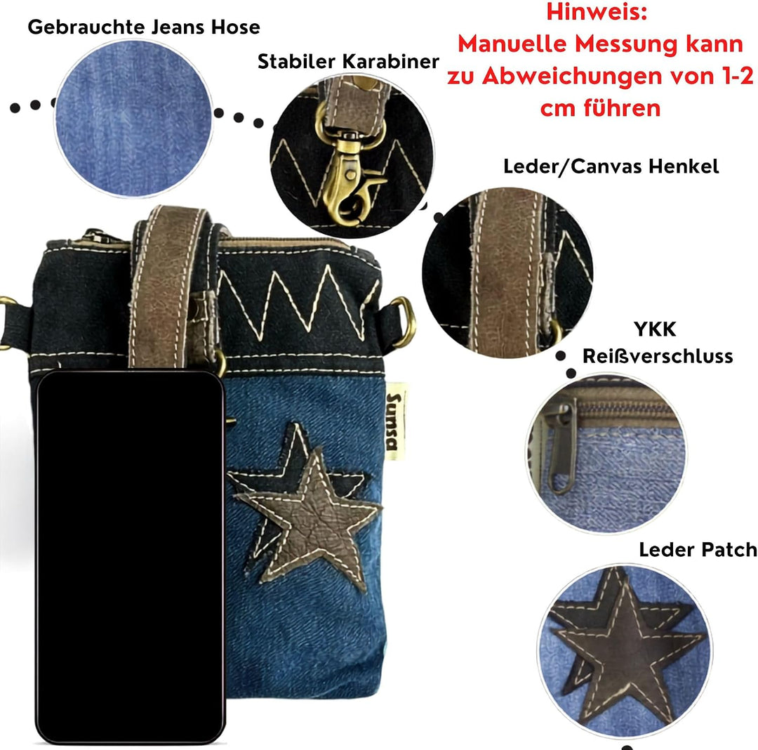 Sunsa Damen kleine Umhängetasche. Nachhaltige Tasche aus recycelte Jeans &amp; Leder. Crossover bag in V