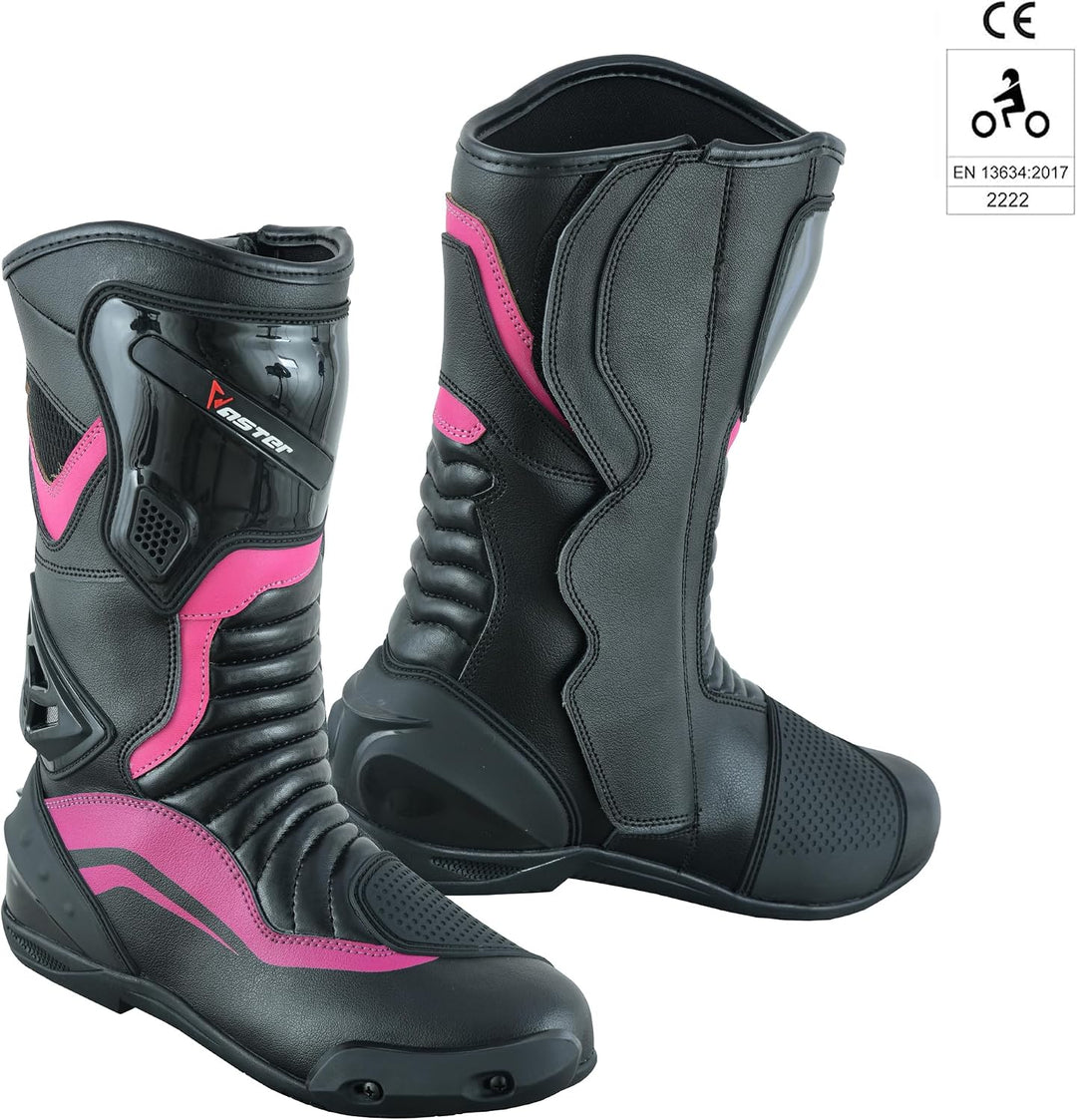 Motorradschuhe für Damen, knöchellang, Rosa, Motorradstiefel, wasserdichte Lederschuhe für Damen 41
