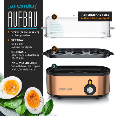 Arendo - Edelstahl Eierkocher Threecook - Egg Cooker - EIN AUS-Schalter - Wählbarer Härtegrad - 210