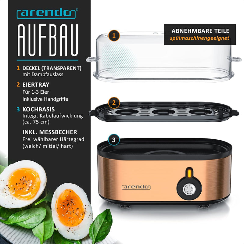 Arendo - Edelstahl Eierkocher Threecook - Egg Cooker - EIN AUS-Schalter - Wählbarer Härtegrad - 210