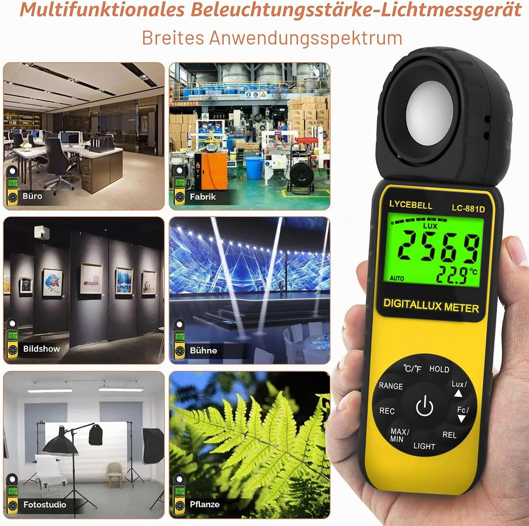 Digital Luxmeter, LC-881D Belichtungsmesser 0.1-400,000 Lux mit Daten halten/Max/Min, Lichtmessgerät