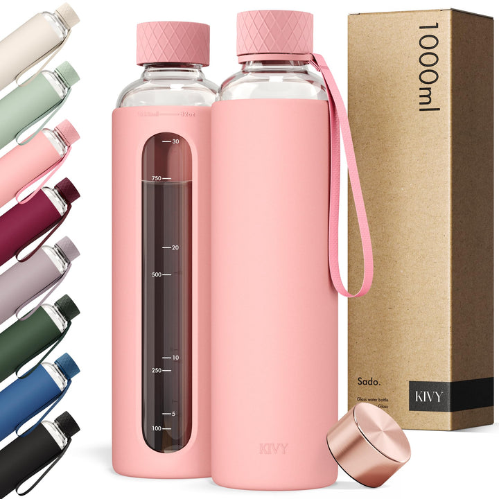 KIVY Glas Trinkflasche 1l mit Silikonschutz [KOHLENSÄURE GEEIGNET] Glasflasche 1 Liter - Wasserflasc