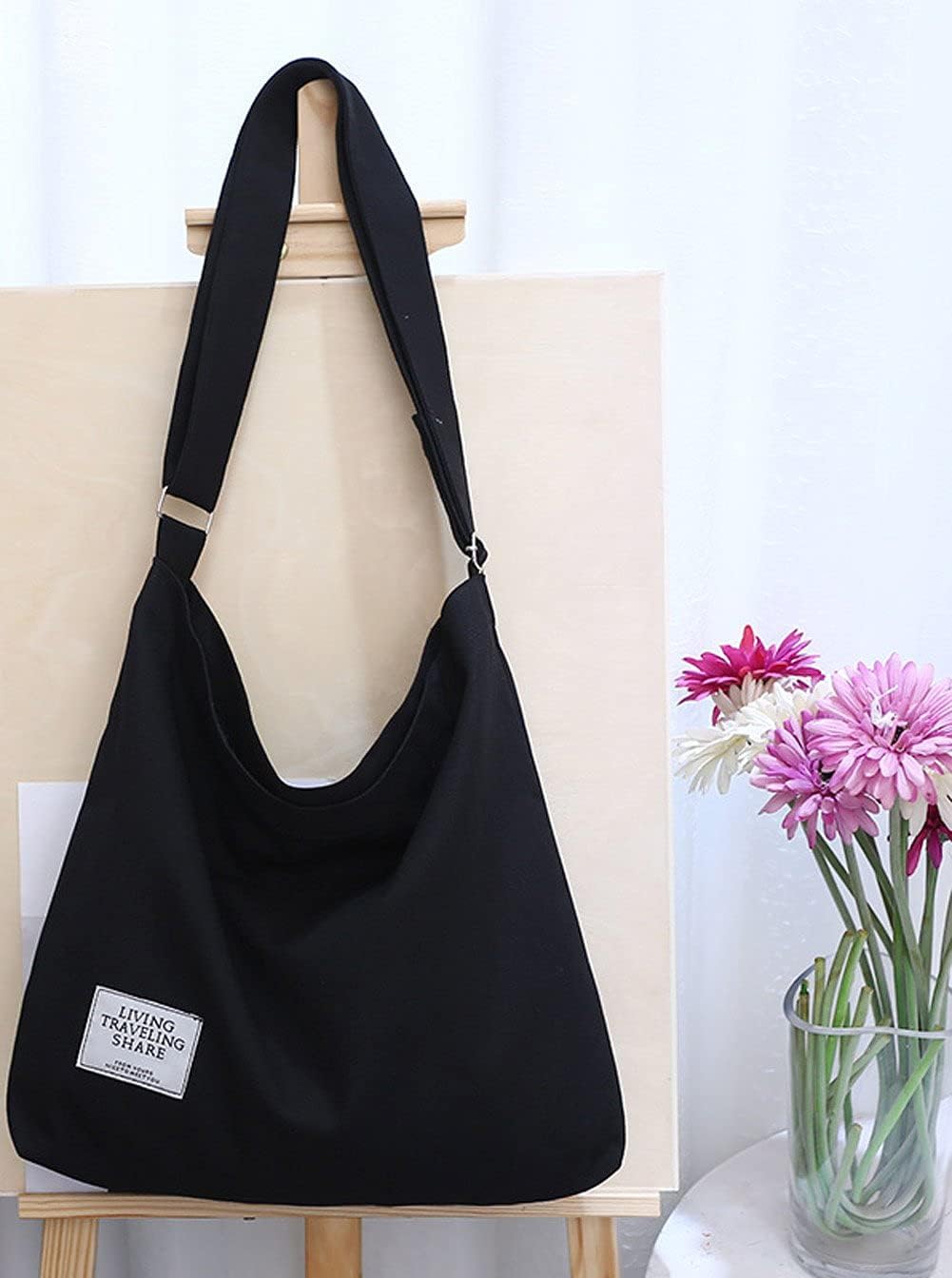 Covelin Damen Retro Grosse Grösse Canvas Schultertasche Hobo Crossbody Handtasche Casual Tote Schwar