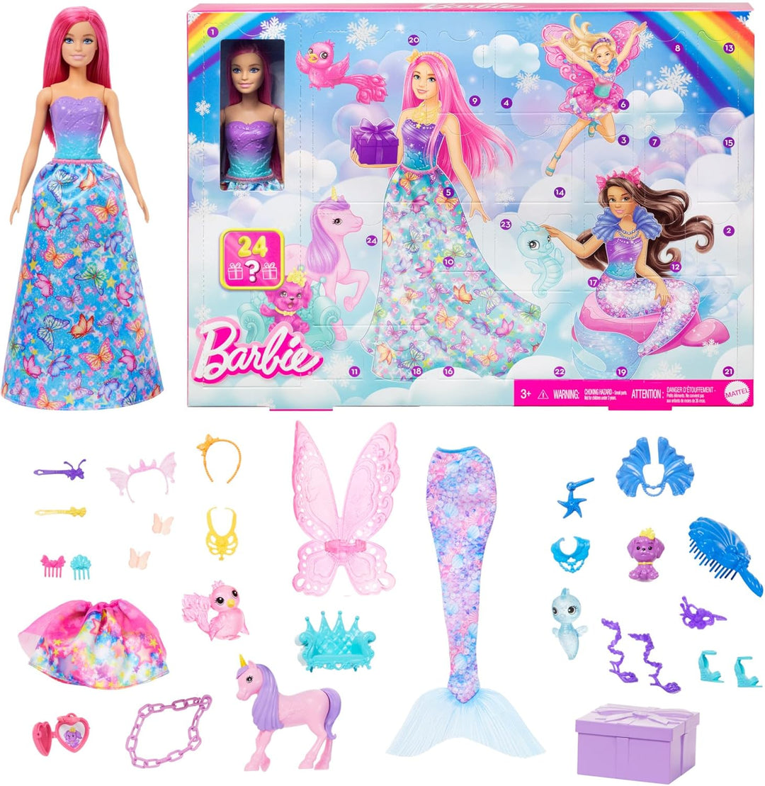 Barbie-Adventskalender mit Puppe und 24 Überraschungs-Accessoires mit Einhorn und 3 Tieren, die Mode