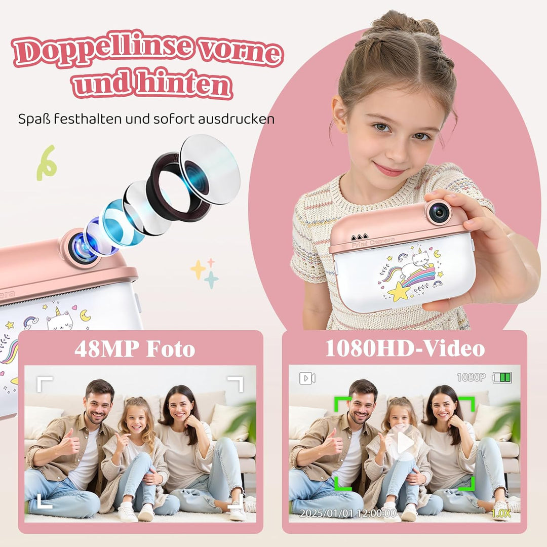 Kinderkamera Sofortbildkamera, 48MP Digitalkamera Kinder mit Dual-Kamera, mit Druckpapier & 32G TF K
