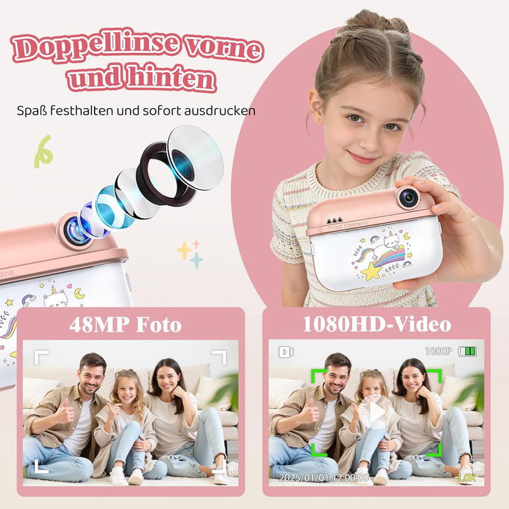 Kinderkamera Sofortbildkamera, 48MP Digitalkamera Kinder mit Dual-Kamera, mit Druckpapier & 32G TF K