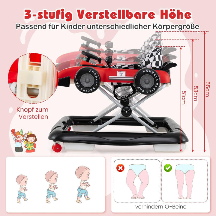 COSTWAY 4 in 1 Lauflernhilfe, Lauflernwagen klappbar mit einstellbarer Höhe, Baby Walker Autoförmig