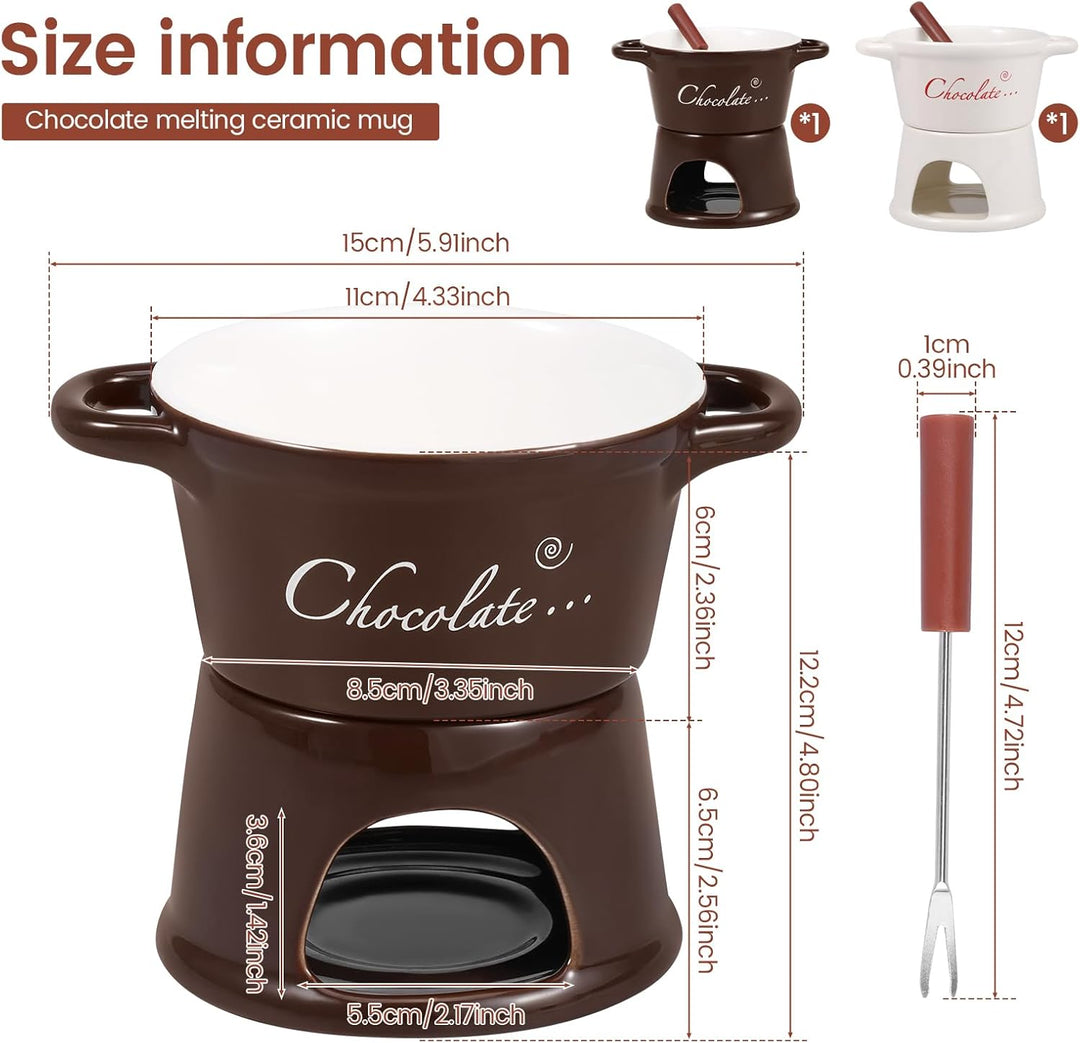 Goshoppers 2 Stück Mini Schokofondue Tasse Käsefondue Set Keramik Schokobecher mit Gabeln Schokolade