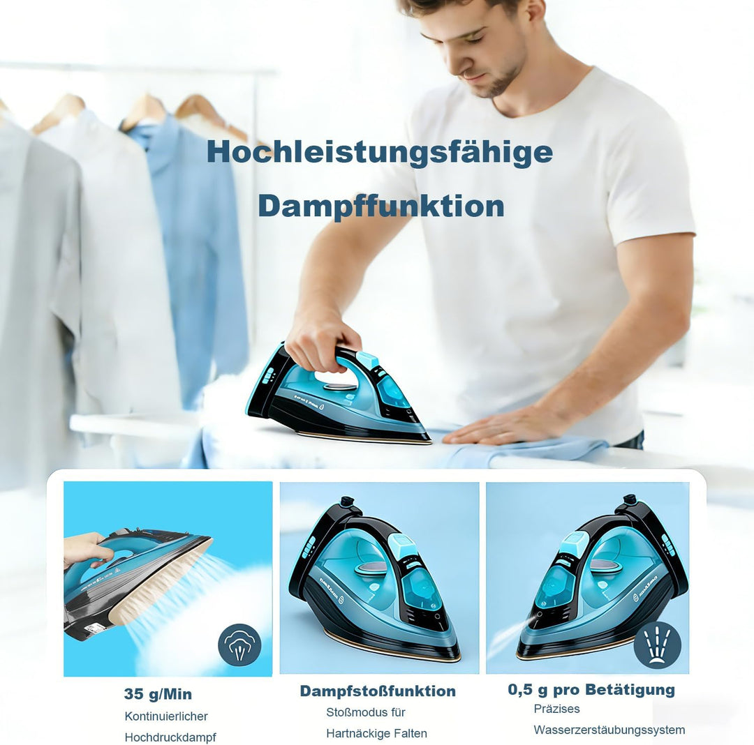 Bügeleisen, Dampfbügeleisen Kabelloses, Keramiksohle, abschaltautomatisch, 2400W Blau, Blau