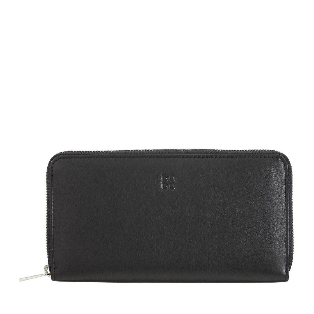 DuDu Grosse Bunte Damenbrieftasche RFID in echtem Leder mit Rundum - Reissverschluss Schwarz, Schwar