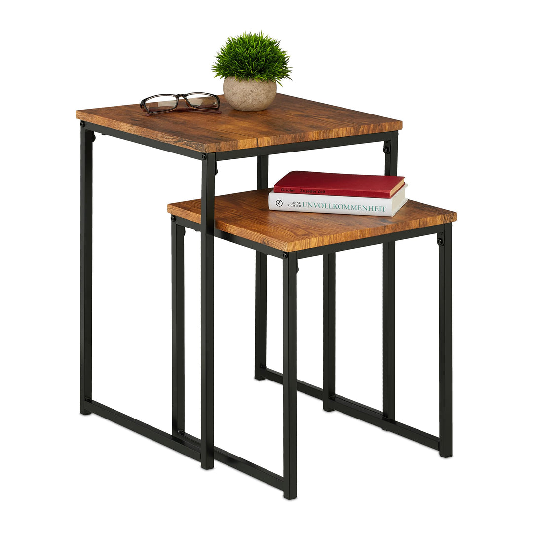 Relaxdays Beistelltisch 2er Set Metall quadratisch, braun/schwarz | Satztisch 2 Grössen, stapelbar,
