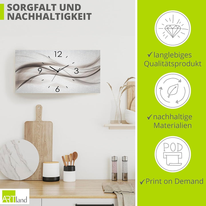 ARTLAND Wanddeko Wanduhr ohne Tickgeräusche Alu Funkuhr 60x30 cm Eckig Lautlos 3D Design Kunst Welle
