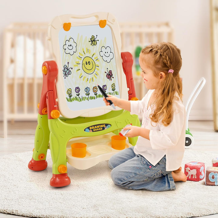 COSTWAY Tafel Kinder, doppelseitige Kindertafel höhenverstellbar mit Whiteboard & Kreidetafel, Stand