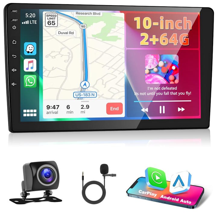 2GB + 64GB Carplay Autoradio mit Kabellosem Android Auto, 2 Din 10.1 Zoll Android Touchscreen Car St