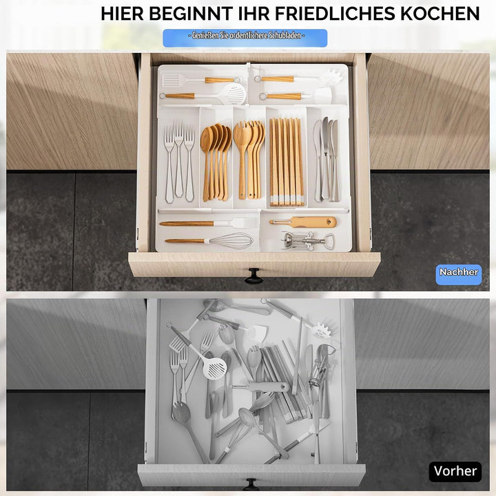 Jolitac Besteckkasten für Schubladen, 7 bis 9 Fächer Ausziehbarer Besteckeinsatz für Küche, Besteck