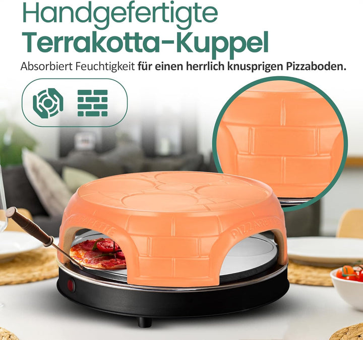 Emerio Pizzaofen, PIZZARETTE das Original, handgemachte Terracotta Tonhaube, neues PRE-BAKE Design,