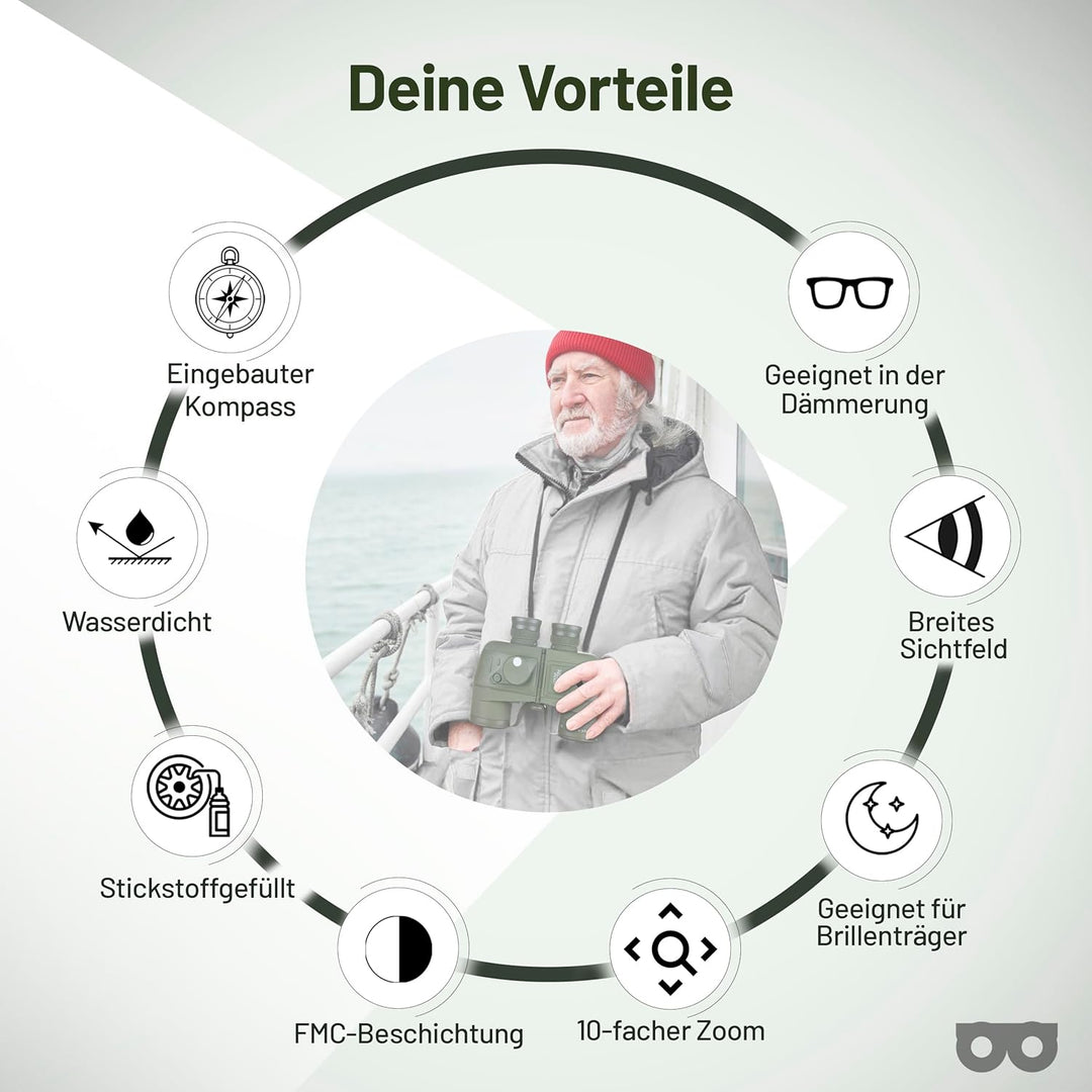 Zoomble 10x50 Marine-Fernglas für Erwachsene | Fernglas mit Entfernungsmesser und Kompass | Verrekij