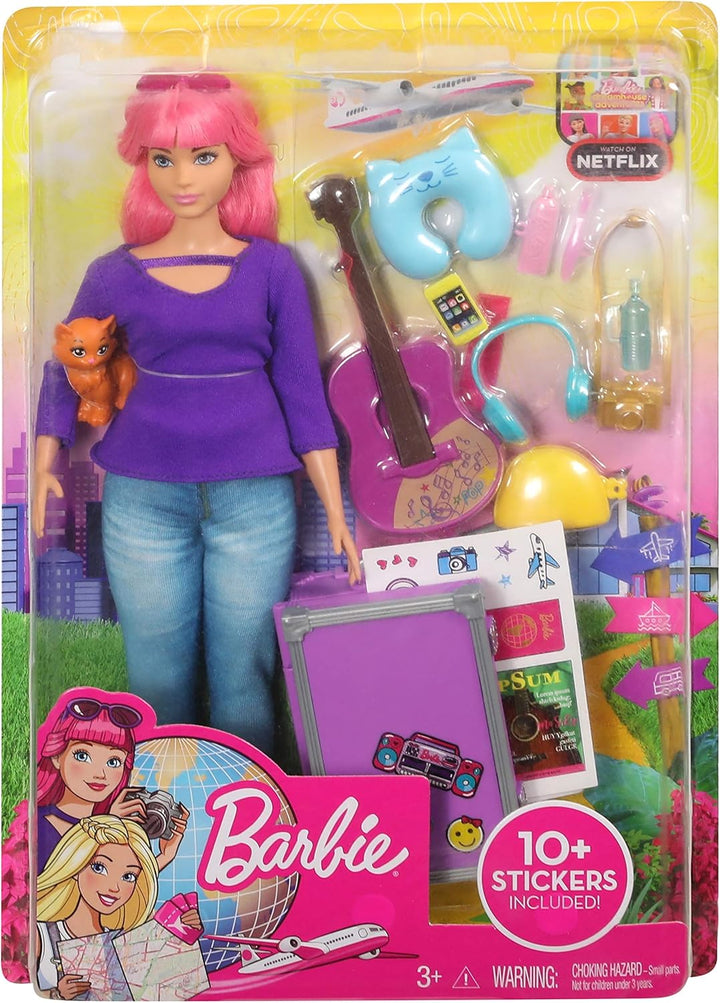 Barbie FWV26 -Puppe Daisy (kurvig mit pinkfarbenem Haar) und Kätzchen, Gitarre, aufklappbarem Koffer
