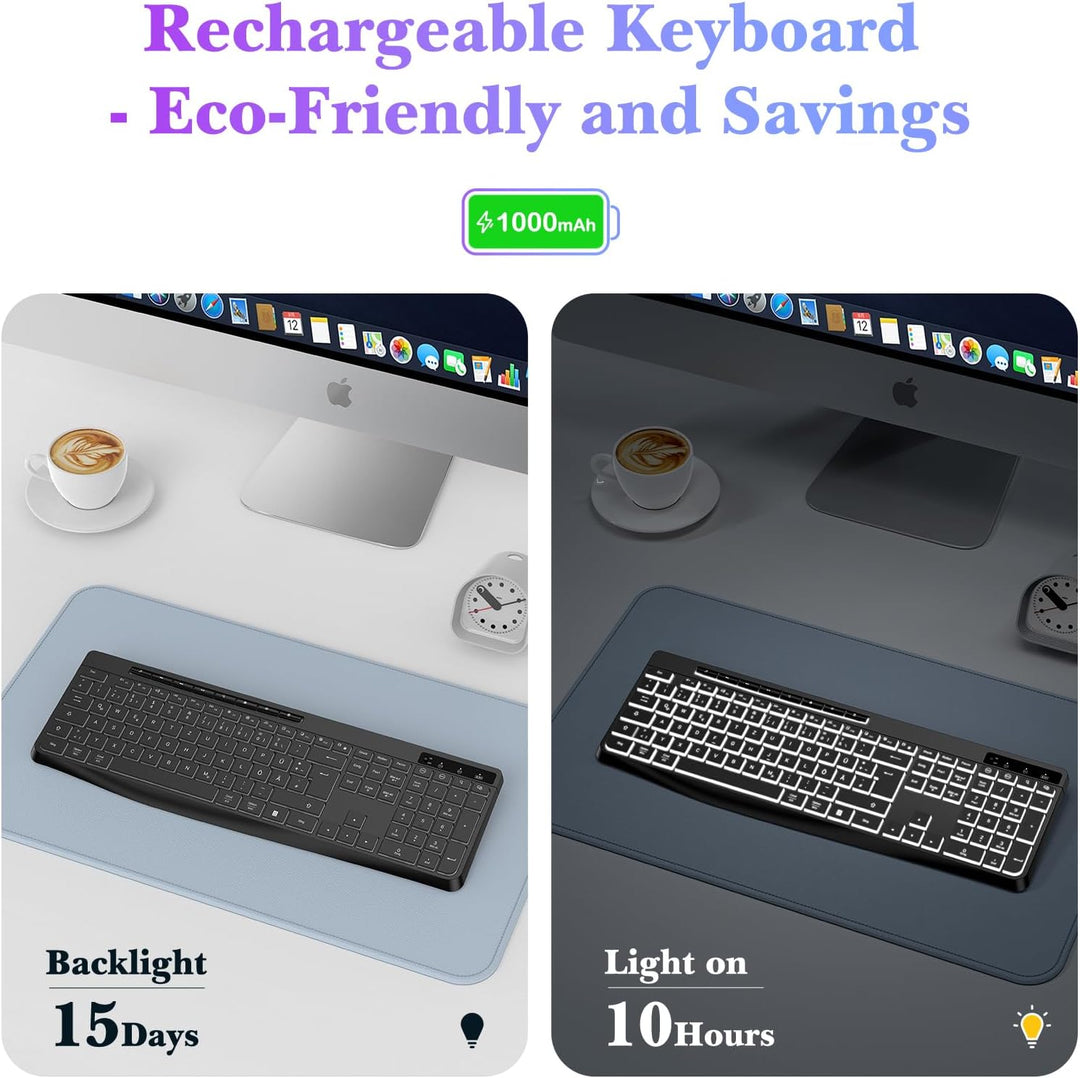 TECURS Tastatur Kabellos Gaming PC- Leise Tastatur QWERTZ Weiss Beleuchtet Ergonomisch Wasserdicht,