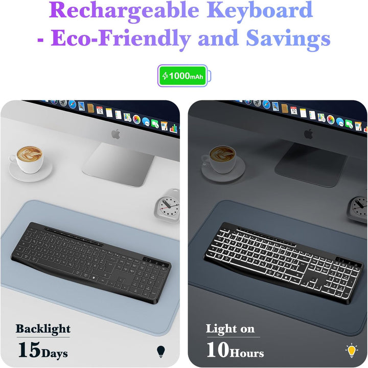 TECURS Tastatur Kabellos Gaming PC- Leise Tastatur QWERTZ Weiss Beleuchtet Ergonomisch Wasserdicht,