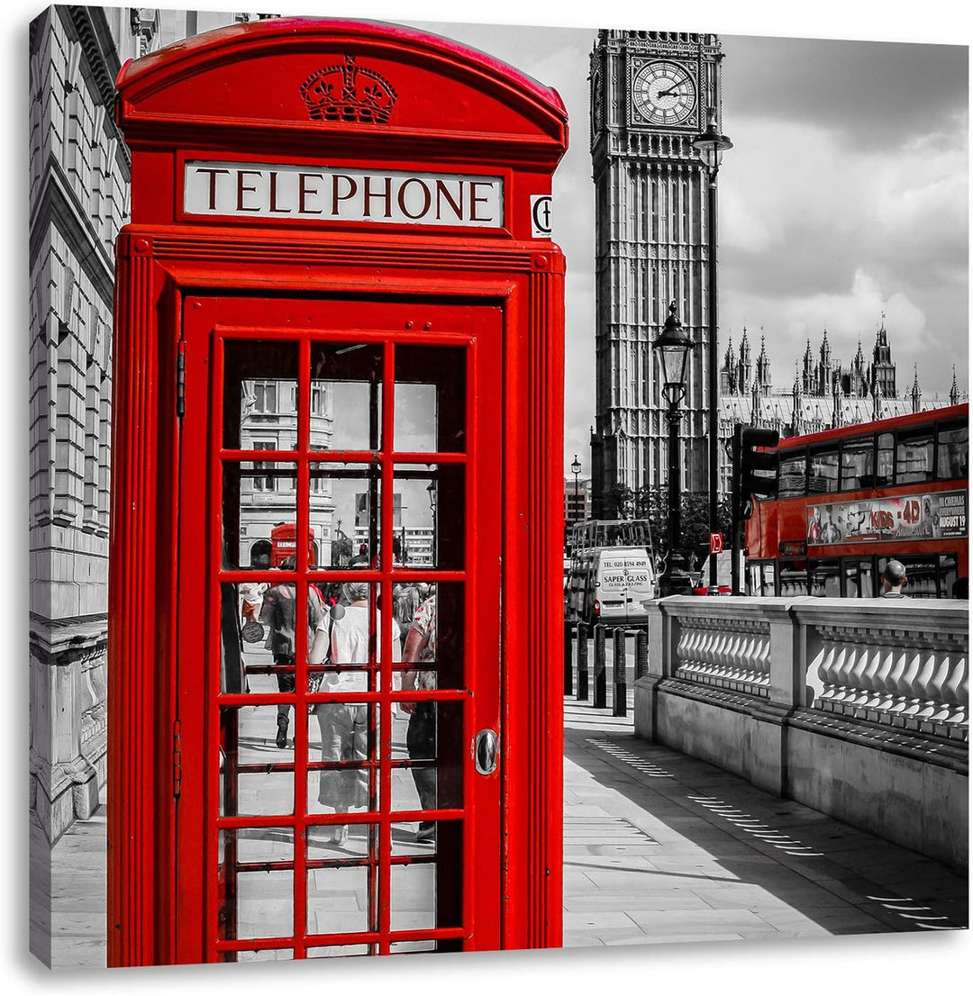 Pixxprint Telefonzelle London als Leinwandbild/Grösse: 70x70 cm/Wandbild/Kunstdruck/fertig bespannt,