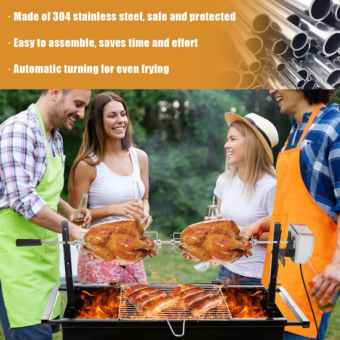 Grillspiess Set, Drehspiess mit 4X Fleischnadeln, 117cm Grillspiess mit Edelstahl Motor 220V - 240V,