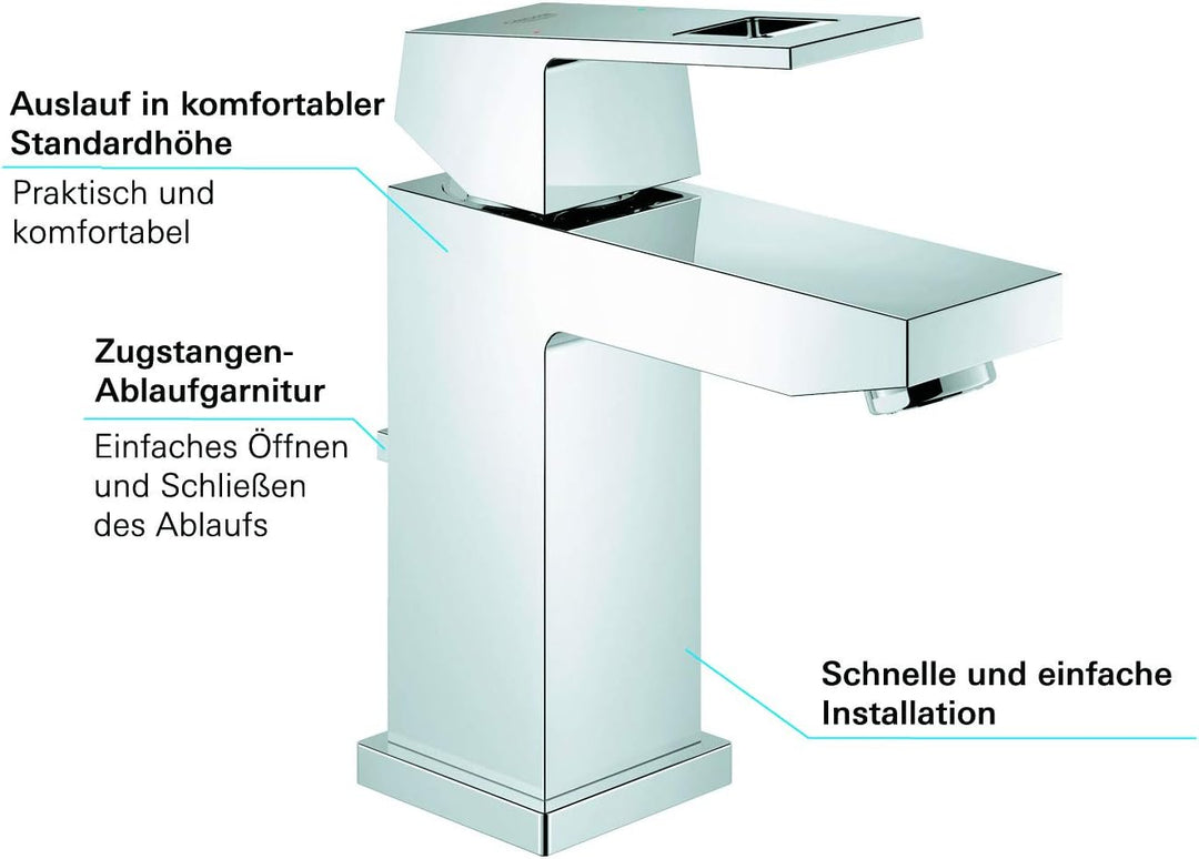 GROHE Eurocube - Einhand-Waschtischarmatur (S-Size, mit Zugstange, Einlochmontage),chrom, 23127000 S