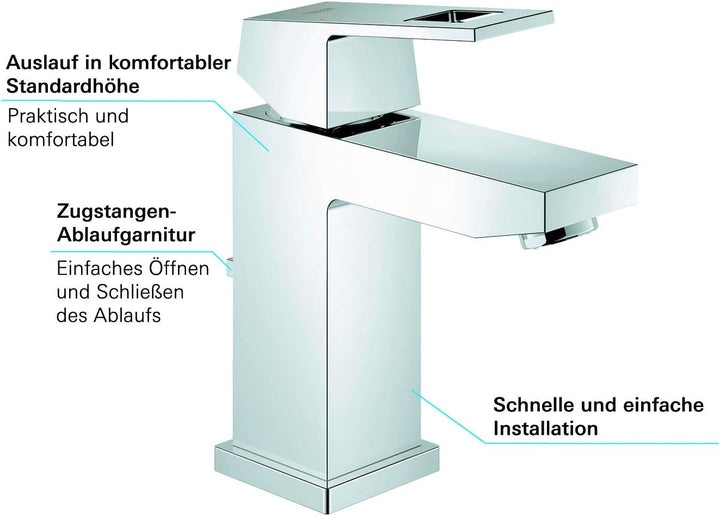 GROHE Eurocube - Einhand-Waschtischarmatur (S-Size, mit Zugstange, Einlochmontage),chrom, 23127000 S