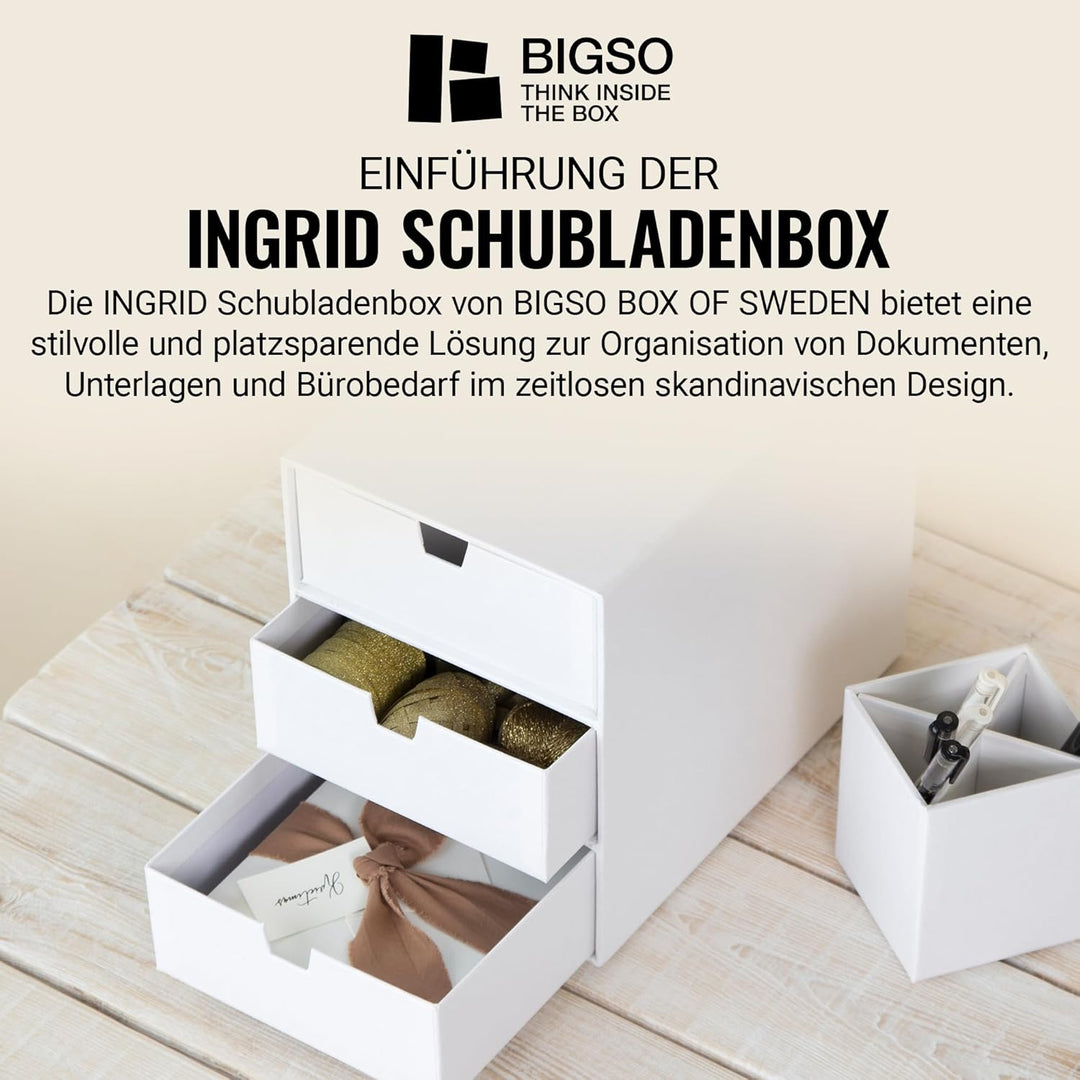 BIGSO INGRID Schubladenbox für Dokumente und Bürobedarf – Schreibtisch Organizer mit 3 Schubladen –