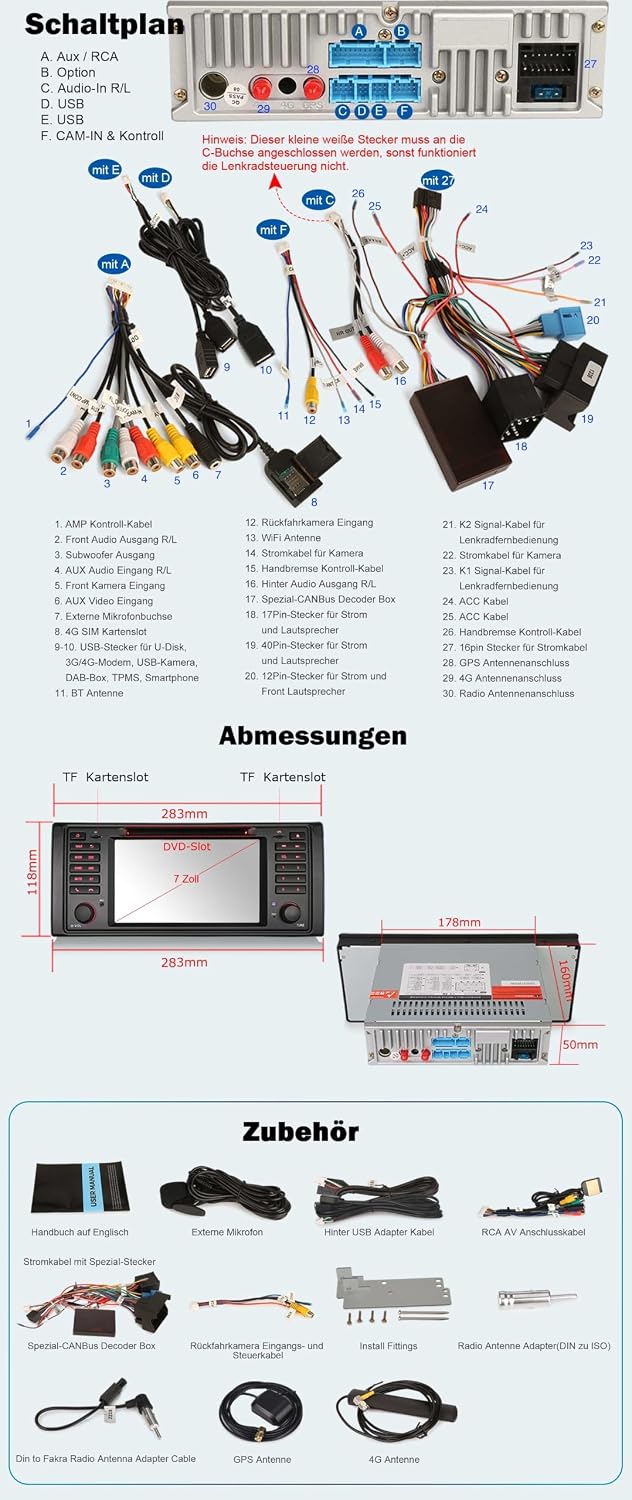 Erisin Android 14 4GB RAM+64GB ROM 8-Kern DVD Autoradio GPS Navi für BMW 5er E39 M5 7 Zoll Touchscre